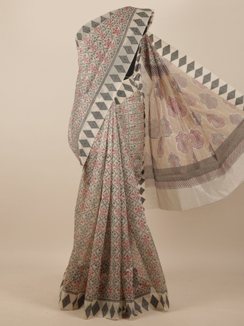 

Pothys Cream-Coloured & Grey Floral Supernet Saree