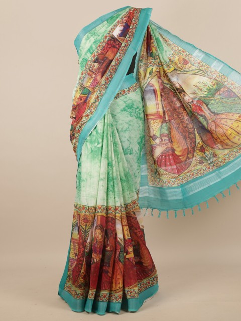 

Pothys Green & Brown Tie and Dye Printed Linen Blend Saree