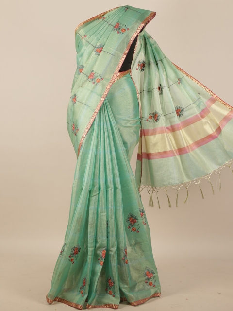 

Pothys Green & Red Floral Tissue Saree