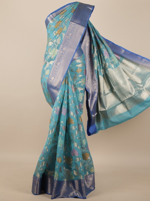 

Pothys Women Sky Blue & Blue Floral Woven Designed Saree