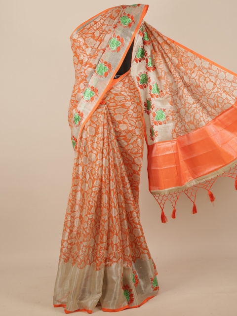 

Pothys Orange & Green Floral Tissue Saree