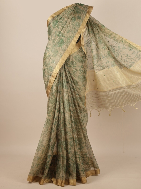 

Pothys Green & Gold-Toned Floral Zari Tissue Saree