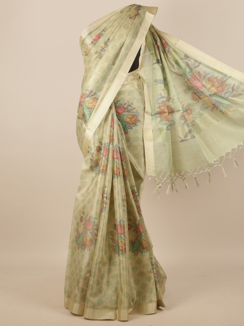 

Pothys Green & Pink Floral Printed Zari Border Tissue Saree