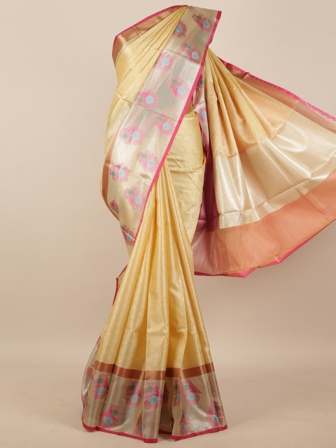 

Pothys Women Cream & Pink Floral Woven Designed Saree