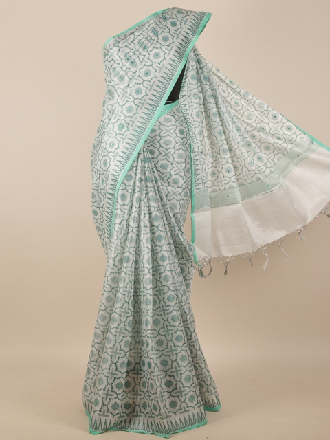 

Pothys Grey & Sea Green Geometric Printed Tissue Saree