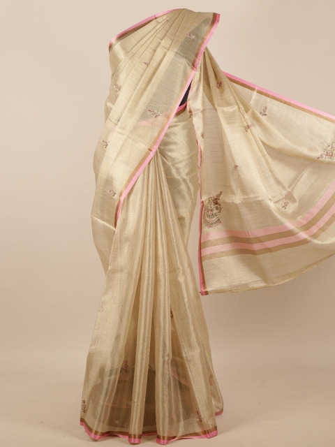 

Pothys Women Cream-Coloured Tissue Embellished Saree