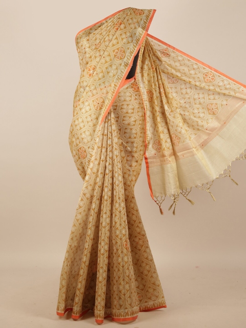 

Pothys Women Cream-Coloured Floral Printed & Embellished Saree