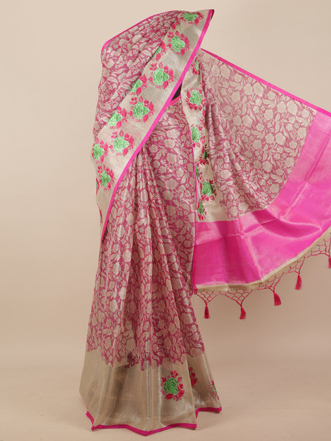 

Pothys Pink & Cream-Coloured Floral Embroidered Tissue Saree