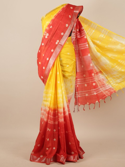 

Pothys Yellow & Red Bandhani Printed Linen Blend Saree