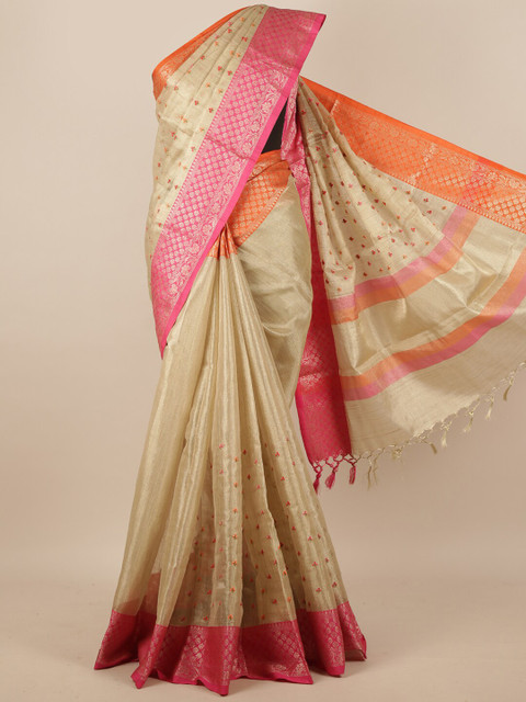 

Pothys Cream-Coloured & Pink Ethnic Motifs Embroidered Zari Tissue Saree