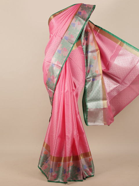 

Pothys Pink & Green Woven Design Zari Silk Blend Saree