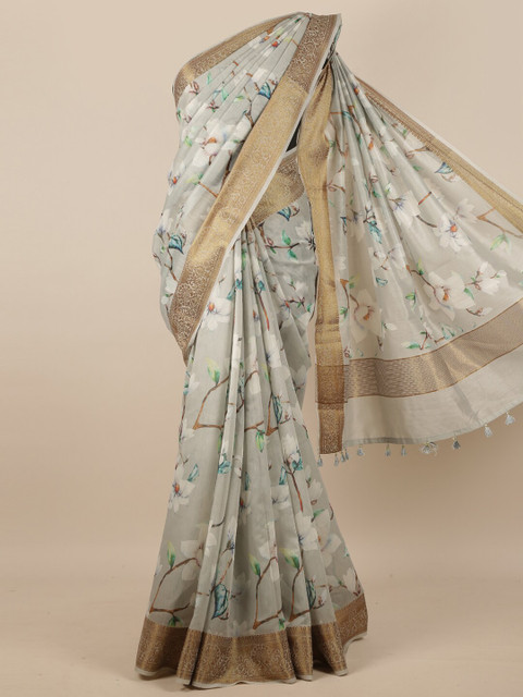 

Pothys Grey & Green Floral Zari Pure Cotton Saree