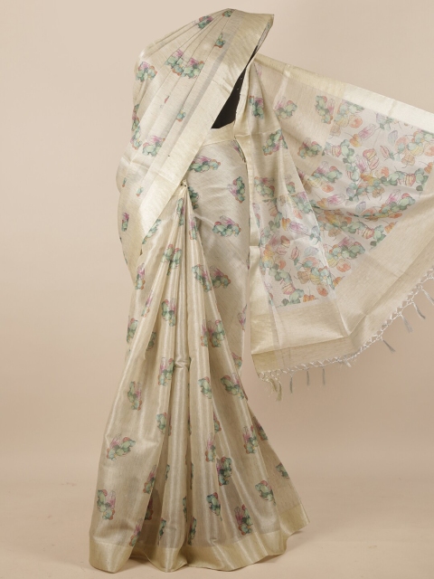 

Pothys Silver-Toned & Pink Floral Tissue Saree
