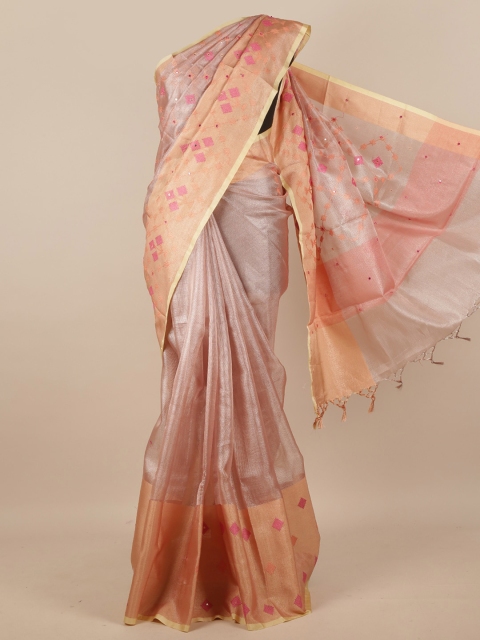 

Pothys Pink & Orange Geometric Embroidered Tissue Saree