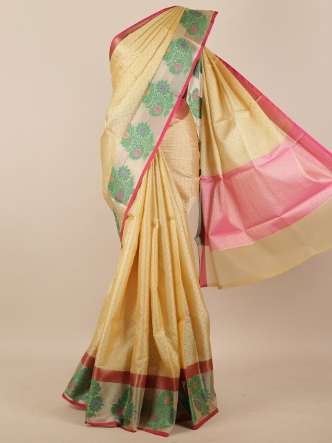 

Pothys Cream-Coloured & Green Ethnic Motifs Woven Design Silk Blend Saree