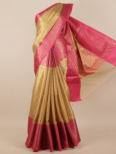 

Pothys Women Cream-Coloured & Pink Floral Woven Designed Saree