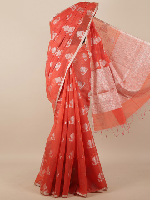 

Pothys Orange & Silver-Coloured Ethnic Motifs Woven Design Zari Saree