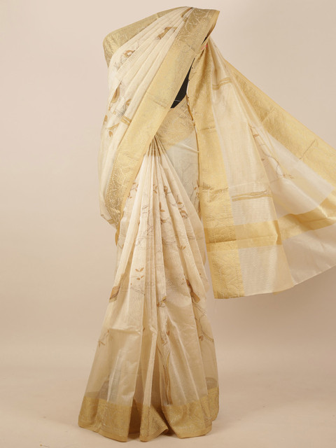 

Pothys Cream-Coloured & Gold-Coloured Floral Zari Supernet Saree
