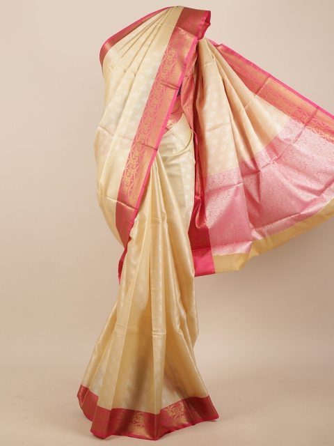

Pothys Cream-Coloured & Pink Floral Zari Silk Blend Saree