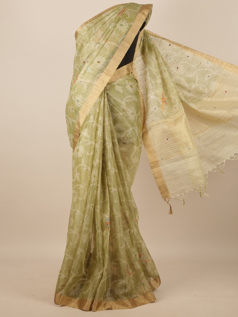 

Pothys Green & Gold-Toned Embellished Mirror Work Tissue Saree