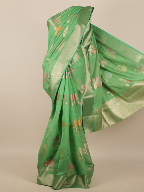 

Pothys Green & Gold-Coloured Floral Zari Woven Design Saree