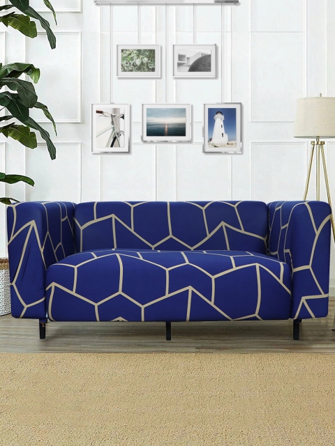 

HOUSE OF QUIRK Sea Green & Purple Printed 3-Seater Sofa Cover, Blue