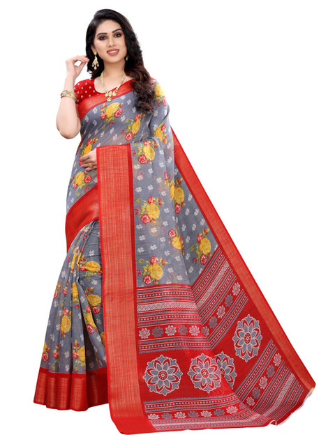 

KALINI Grey & Yellow Floral Printed Saree