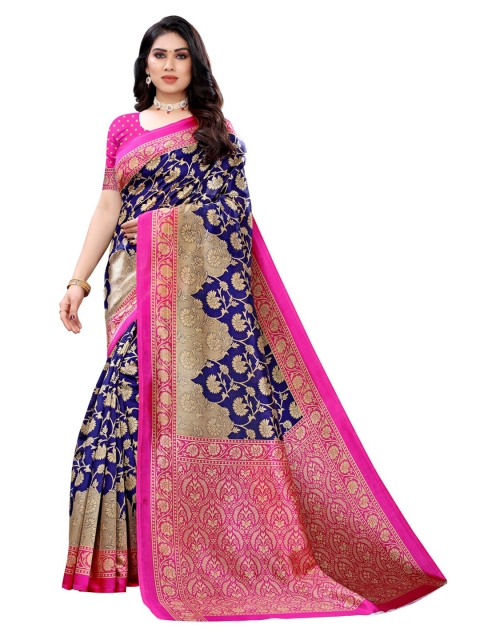 

KALINI Navy Blue & Pink Floral Zari Saree