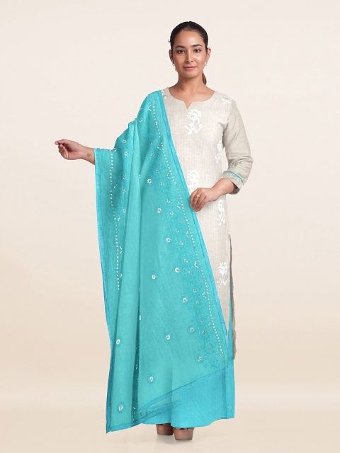 

Pothys Cream-Coloured & Turquoise Blue Embroidered Unstitched Dress Material
