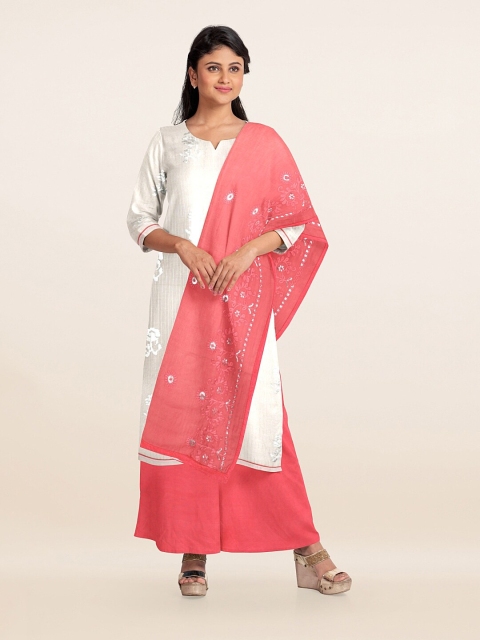 

Pothys Cream-Coloured & Pink Embroidered Unstitched Dress Material