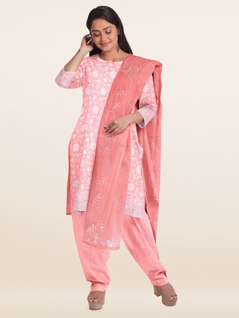 

Pothys Peach-Coloured Embroidered Unstitched Dress Material