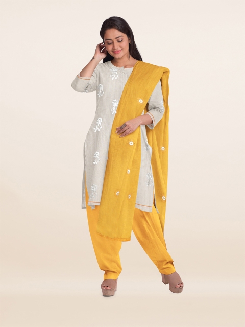 

Pothys Cream-Coloured & Yellow Printed Unstitched Dress Material