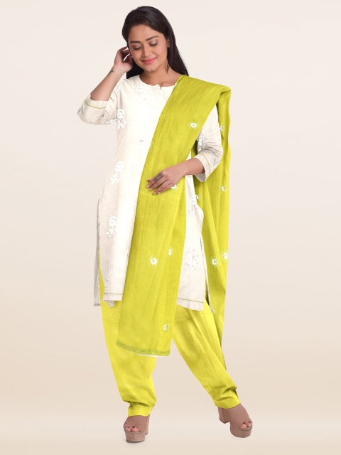 

Pothys Cream-Coloured & Yellow Embroidered Unstitched Dress Material