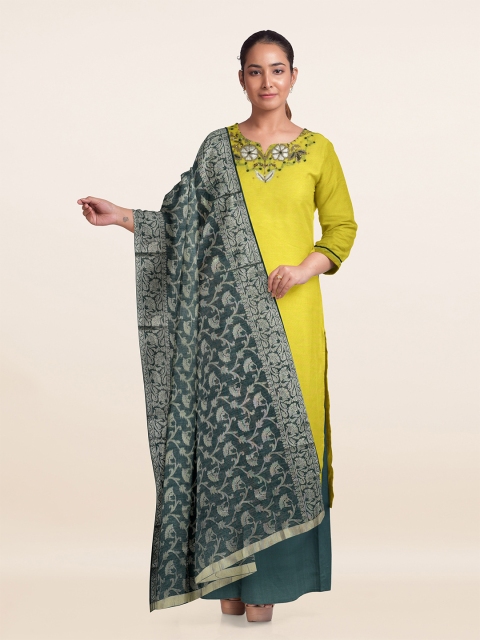 

Pothys Yellow & Teal Green Embroidered Unstitched Dress Material