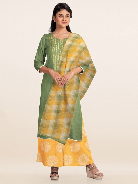 

Pothys Green & Mustard Yellow Embroidered Unstitched Dress Material
