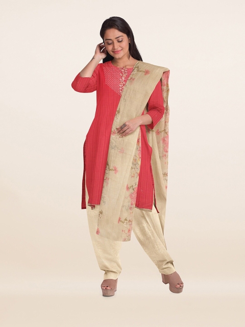 

Pothys Pink & Cream-Coloured Embroidered Unstitched Dress Material