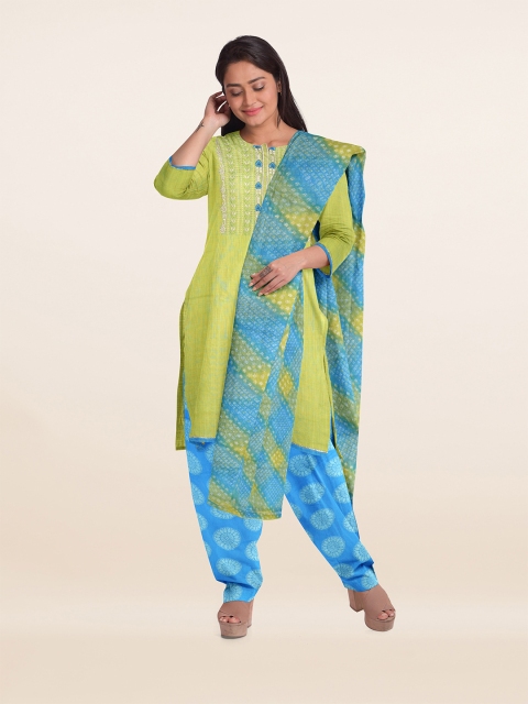 

Pothys Green & Turquoise Blue Embroidered Unstitched Dress Material