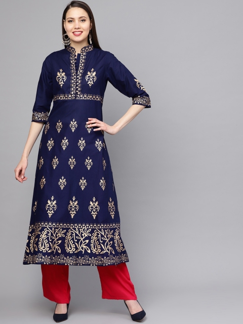 

ZOEYAMS Women Navy Blue Ethnic Motifs Printed Straight Kurta