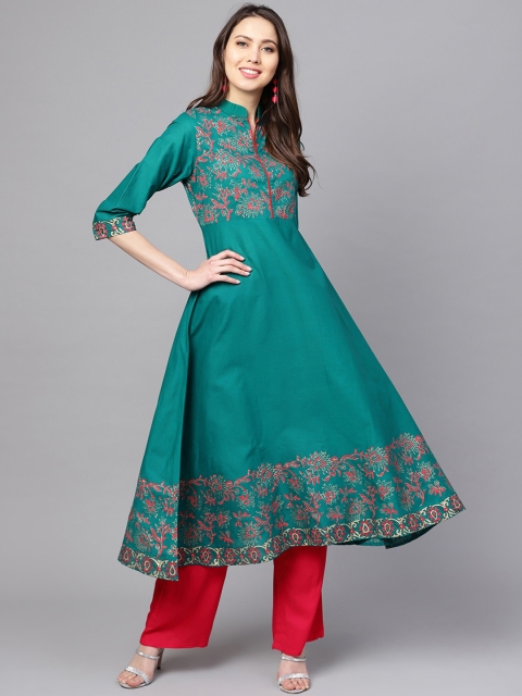 

ZOEYAMS Women Green Floral Printed Yoke Design Anarkali Kurta