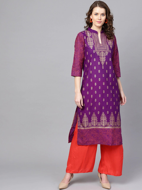 

ZOEYAMS Women Purple Ethnic Motifs Printed Straight Kurta