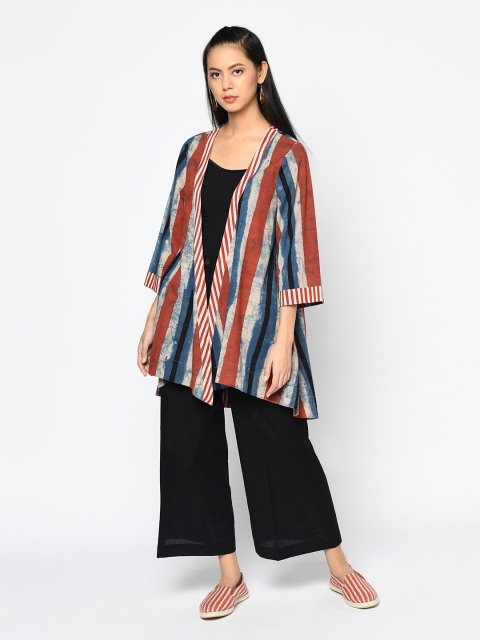 

Fabindia Women Red & Blue Striped Shrug