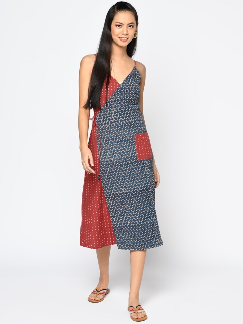 

Fabindia Red & Grey Geometric Printed Linen A-Line Midi Dress