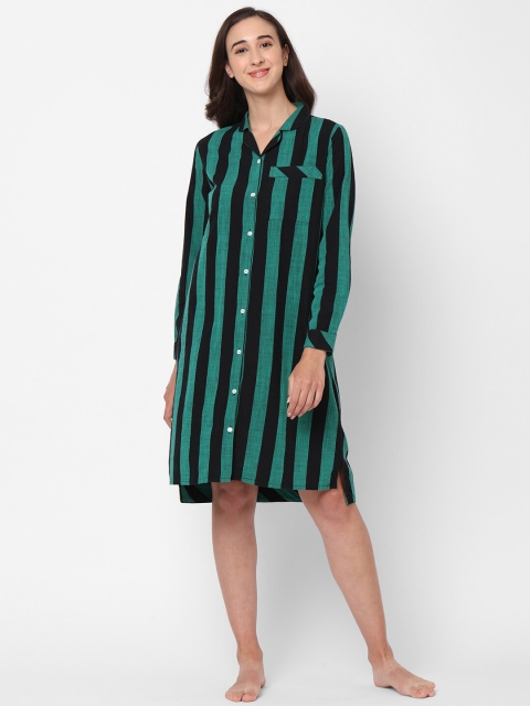 

Mystere Paris Women Green & Black Striped Printed Cotton Shirt Night Dress