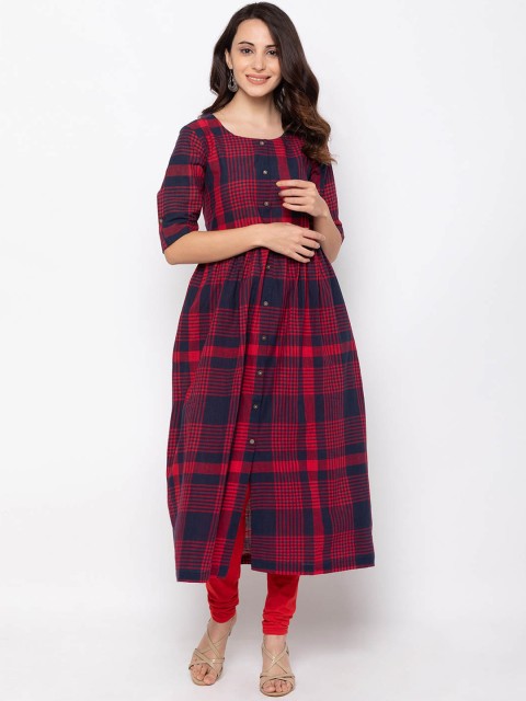 

ZOLA Women Red & Navy Blue Checked Art Silk Anarkali Kurta