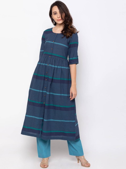 

ZOLA Women Navy Blue Horizontal Striped A-Line Kurta