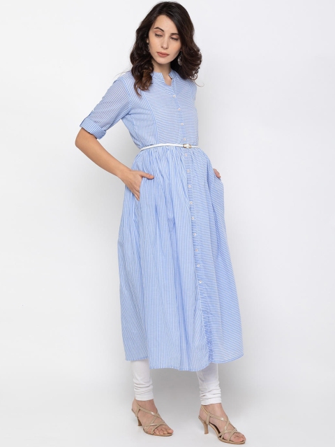 

ZOLA Women Blue & White Striped Pure Cotton Anarkali Kurta