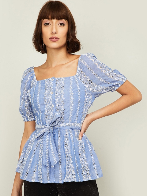 

CODE by Lifestyle Blue & White Schifflli Embroidered Puff Sleeves A-line Top