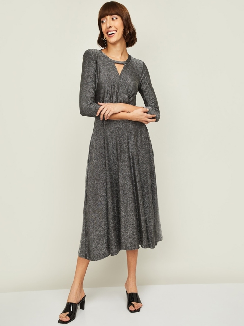 

CODE by Lifestyle Grey Self Designed Floral Keyhole Neck Wrap Midi Dress