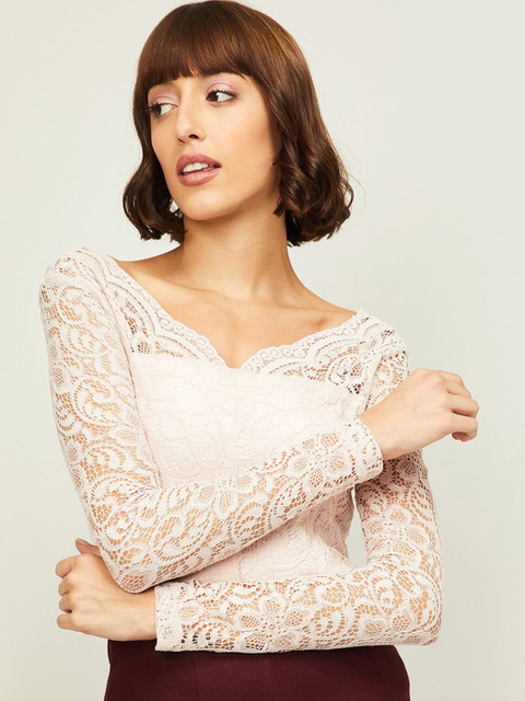 

CODE by Lifestyle Pink Floral Self Design Sweat Heart Neck Regular Top