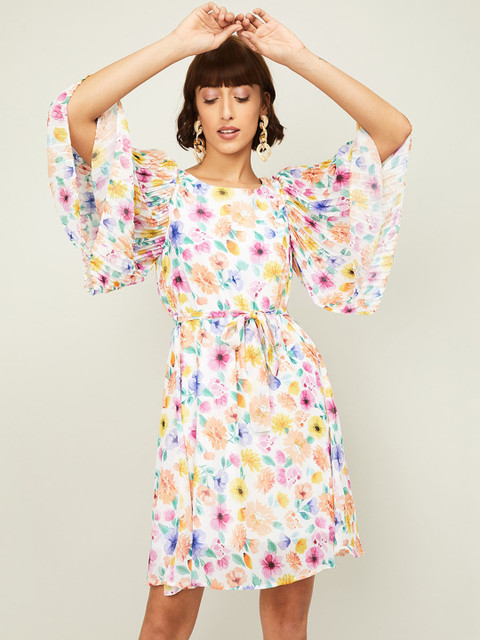 

CODE by Lifestyle Off White & Pink Floral Printed A-Line Dress